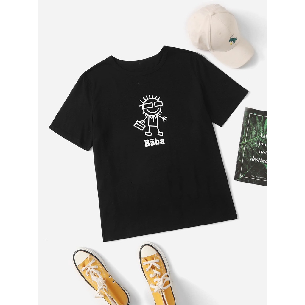 🔥SANA ผู้ชาย เสื้อยืด แขนสั้น คอกลม รูปแบบ การ์ตูน ตัวอักษร สีดำ ผ้าฝ้าย SHEIN แท้100%