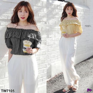 ชุดเซ็ตเสื้อปาดไหล่สก็อต+กก.ขายาว