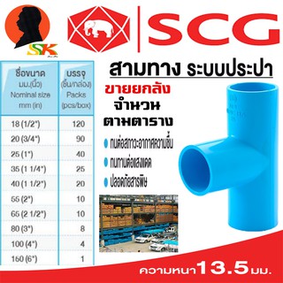 สามทาง หนาชั้น 13.5 มีขนาดให้เลือก 1/2 - 6 นิ้ว ยี่ห้อ SCG ขายยกกล่อง (จำนวนตามตารางในรูป)