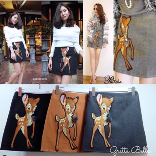 (hot) Bambi Deer Skirt korea style กระโปรงเกาหลีปักอาร์มน้องกวางติดขนปอมๆ สวย