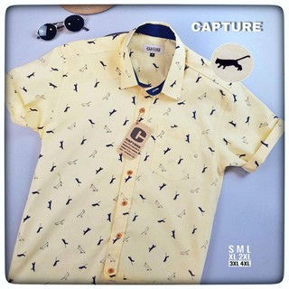 เสื้อเชิ้ตแขนสั้น คอปก ผ้า Oxford ลายจากัวร์ สีเหลือง มีถึงไซส์ 4XL