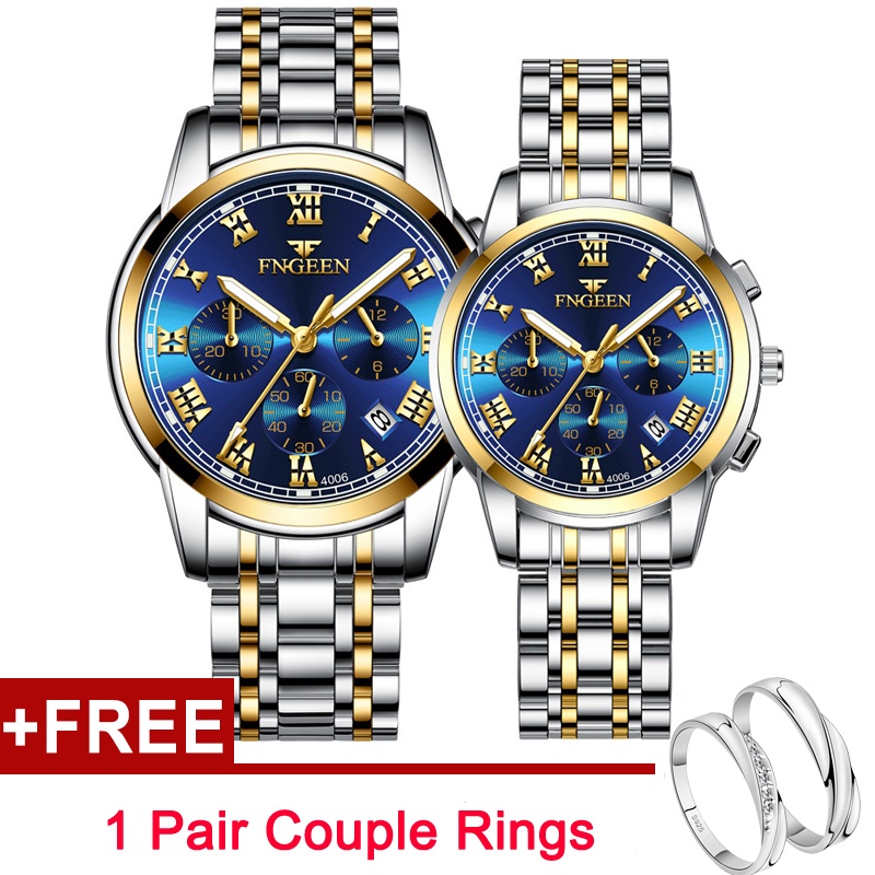 【 ฟรีแหวนคู่】2 ชิ้น / เซต FNGEEN นาฬิกาข้อมือคู่รัก กันน้ํา สเตนเลส เรืองแสง กระตุ้นแฟชั่น คู่รัก นา
