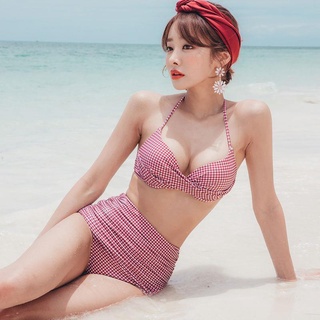 💥 Fairy style 💥 ชุดว่ายน้ำหญิง ทูพีช เอวสูง ลายสก๊อตสีแดง เซ็กซี่ Sexy Bikini Two Pieces#YM1831