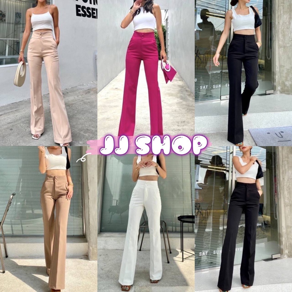 JJ shop พร้อมส่ง กางเกงเอวสูงขายาว มีกระดุมหน้าและซิปด้านหน้ามีไซส์ S-XL เข้ารูป "KL-02" -N