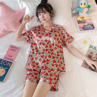 M- 5 Xl ชุดนอนเสื้อแขนสั้นคอวีกางเกงขาสั้นสําหรับสตรีผ้าไหมผ้าซาตินขนาดพลัส
