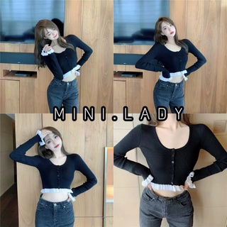 Mini.Lady🖤🌼สินค้าพร้อมส่งจริง!เสื้อแขนยาวสีดำขอบขาวพริ้วไหวสวยมาก(4985)