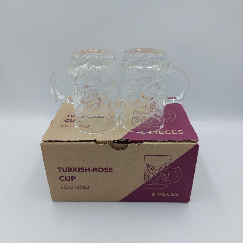 (ขายยกกล่อง)แก้วเป็ก SHOT ใสมีหูลายกุหลาบ ใส่นม 1กล่องมี6ใบ - รูปที่ 5