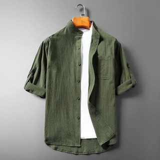 เสื้อเชิ้ตแขนยาวลําลอง คอกลม ผ้าฝ้าย และผ้าลินิน ระบายอากาศ ลายทาง พลัสไซซ์ เข้ากับทุกการแต่งกาย แฟชั่นฤดูร้อน สไตล์ญี่ปุ่น สําหรับผู้ชาย ไซซ์ M - 5xl