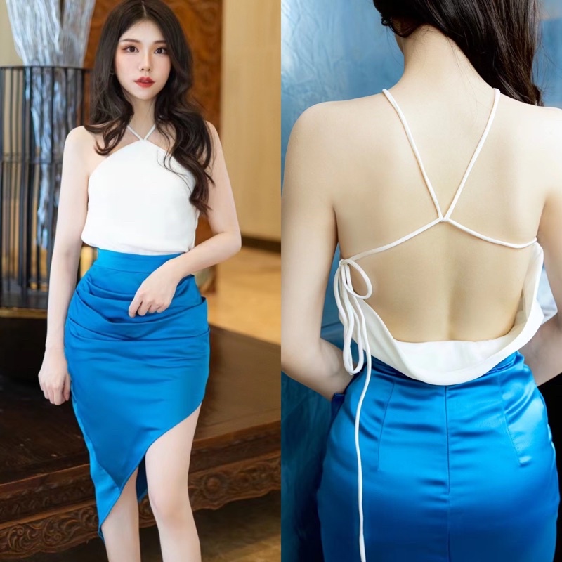 Sakura.official 505-1/BO#เสื้อคล้องคอเว้าหลังเนื้อผ้าชาติน#เสื้อแฟชั่นซิปข้างผูกโบว์