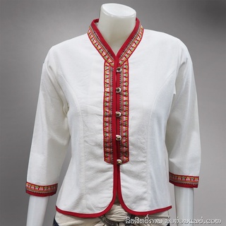 PUTAI-WHITE เสื้อภูไท หญิง สีขาว แขนสามส่วน แต่งดิ้นเงิน