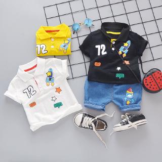 Korean New Baby Boy Summer Casual Rocket Polo Shirt + Jeans Set