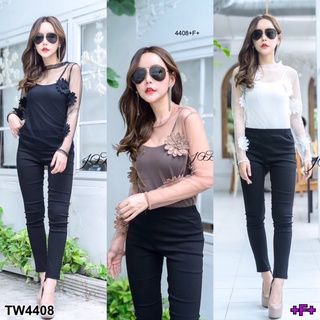 👗Pfashion [ส่งไว!!🚛] P4408 Set 3 ชิ้น เสื้อสายเดี่ยวมุ้งตาข่าย+กางเกงเลคกิ้ง Set of 3 pieces. Single-breasted