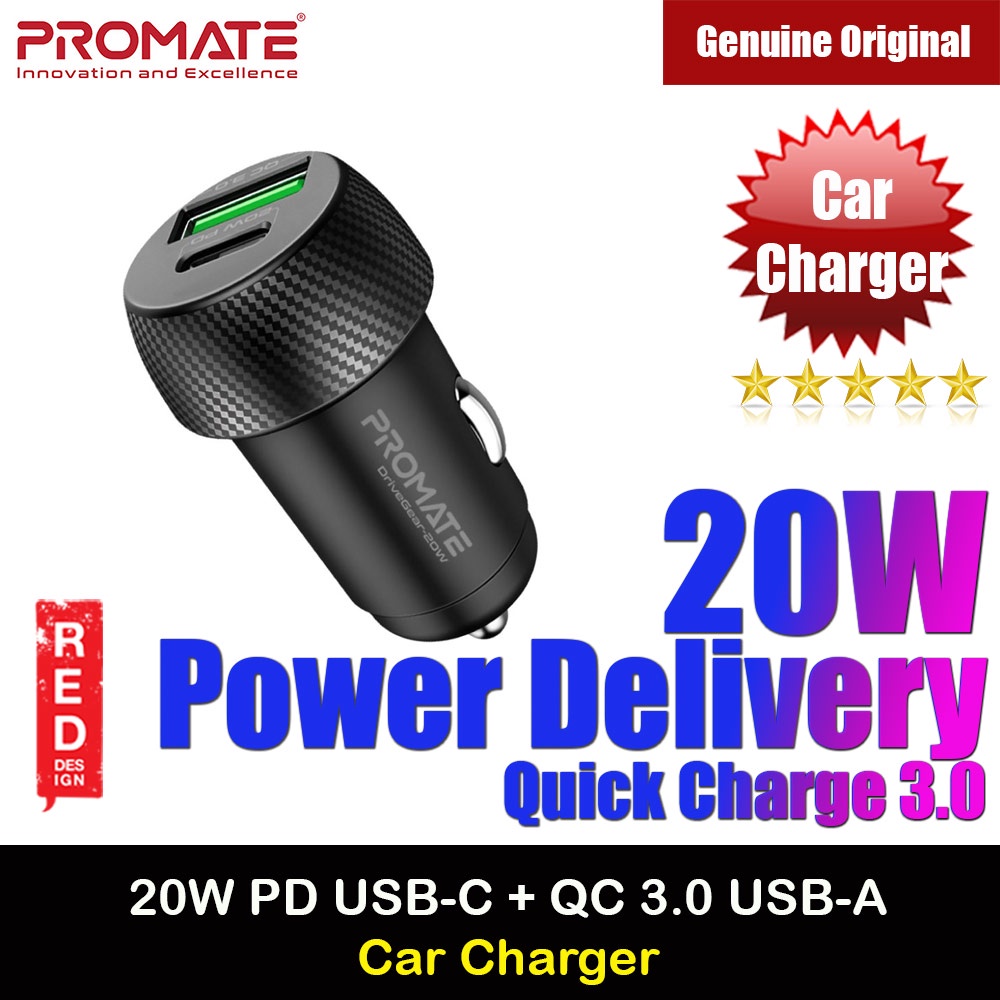 Promate 20W PD USB-C Type-C 18W QC3.0 USB-A Super Mini Car Charger สําหรับโทรศัพท์ IP 13 S22 Ultra D