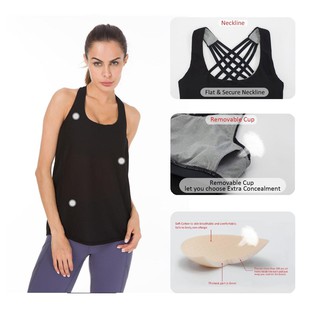 Queenieke : เสื้อกล้ามออกกำลังกาย 2 In 1 Criss-Cross Straps (สี ดำ - Black))