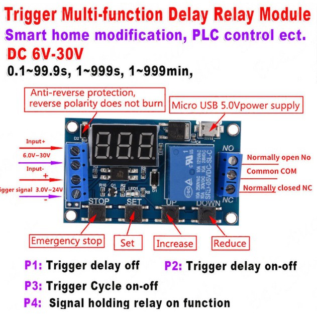 A022 Switch Trigger Relay Module 6-30V Time Delay Board โมดูลตั้งเวลา 6-30V Micro USB 5V