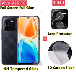 Vivo V25 5G กระจกนิรภัย Vivo Y76 V25E V23 V23e 5Gตัวป้องกันหน้าจอ ตําแหน่งรูที่แม่นยํา + ฟิล์มเลนส์กล้อง + ฟิล์มด้านหลังคาร์บอนไฟเบอร์