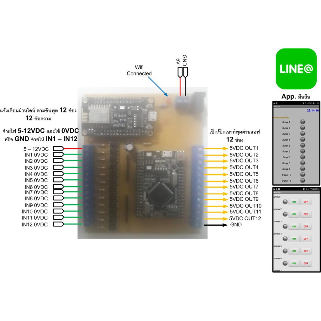 บอร์ดแจ้งเตือนผ่าน Telegram 12 ข้อความ ตามอินพุต 12 ช่อง สั่งงานเอาท์พุตได้ 12 ช่อง ผ่านแอฟ