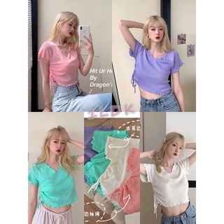 1LDK 🌈 พร้อมส่ง🌈 เสื้อยืดแขน สั้นแต่งหยัก รูดข้าง ฟรุ้งฟริ้งมาก(3123)