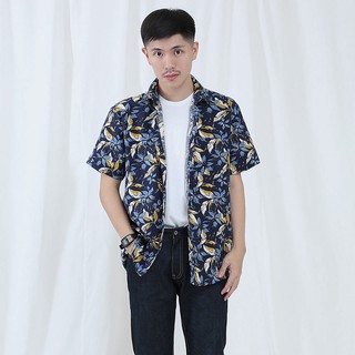 Mr.669 เสื้อเชิ้ตผู้ชายแขนสั้น ลายดอก Linen Dark Blue Floral สีน้ำเงินเหลือง