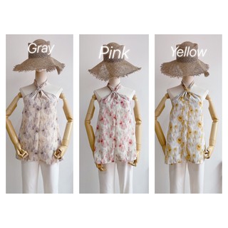 🦋💕เสื้อ Korean silk คล้องคอ ลายดอกไม้สีอ่อน ลายสวยมาก ผ้าดี พริ้ว ทรงสวยเป๊ะ