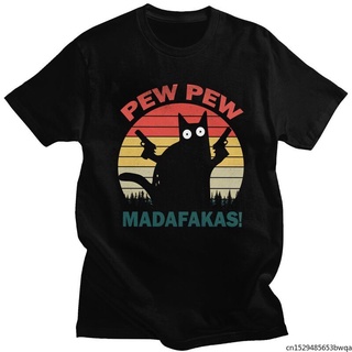 Humor Pew Pew Madafakas เสื้อยืดลําลองสําหรับผู้ชายแขนสั้นพิมพ์ลายแมวดําทรงสลิมฟิต