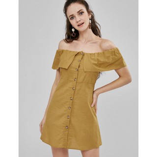 เดรสปาดไหล่ งานป้าย Zaful Button Up Off Shoulder Mini Dress ไซส์ M