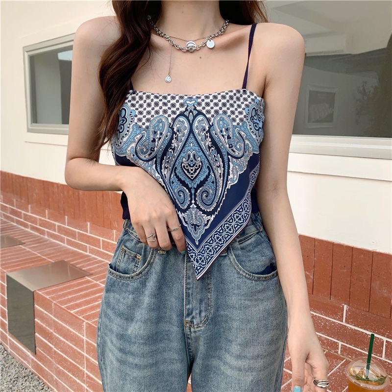 Fairy Style พร้อมส่ง เสื้อสายเดี่ยวเกาะอก ทรงสามเหลี่ยม เสื้อแฟชั่น ลวดลายสวยงาม มี 5 สี #32036-1