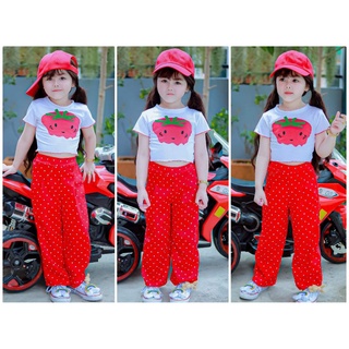 (FAI) 🍅🍅🍅ชุดเซ็ต 3 ชิ้น🍅🍅🍅กางเกง+เสื้อ+หมวกแก๊ป ลายมะเขือเทศ