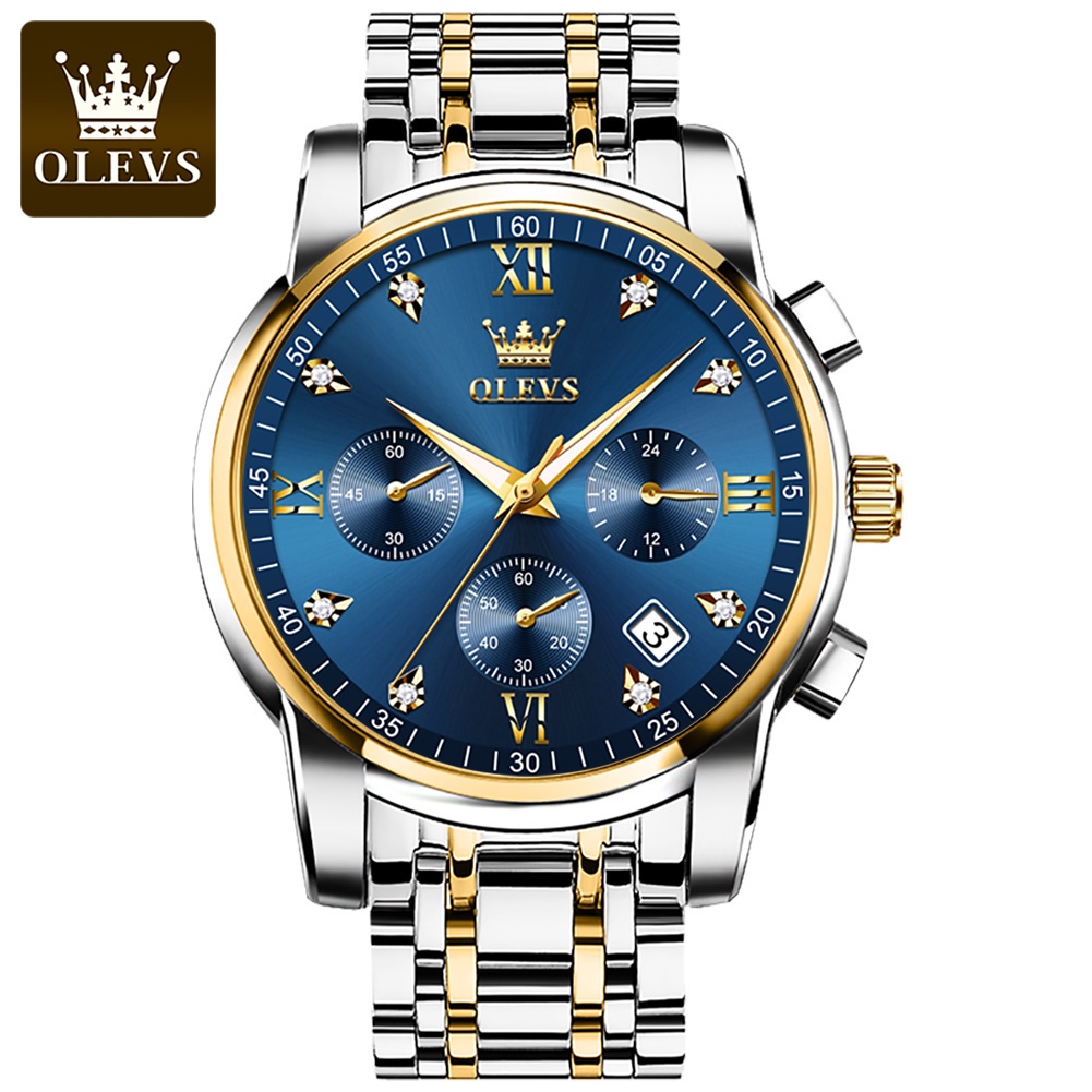 588 บาท OLEVS นาฬิกาผู้ชาย สายเหล็ก นาฬิกาจริง ควอตซ์กันน้ำมัลติฟังก์ชั่นสแตนเลสธุรกิจนาฬิกา 41mm หน้าปัดขนาดใหญ่ Watches