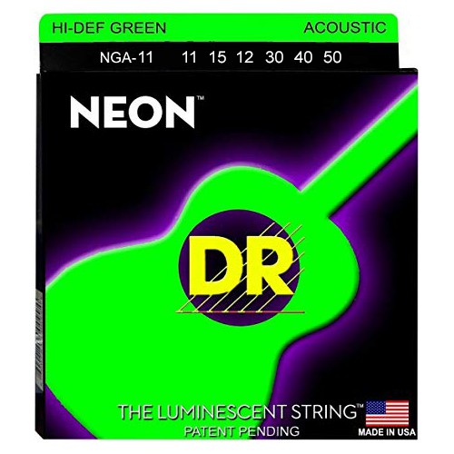 DR Strings NEON NGA-11 สายกีตาร์โปร่ง เบอร์ 11 เรืองแสงในที่มืด สายเคลือบ (Custom Light, 11-50) ** Made in USA **.