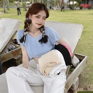 เสื้อยืดกันหนาว คอกลม แขนสั้น ผ้าถัก ทรงหลวม โชว์สะดือ สําหรับผู้หญิง