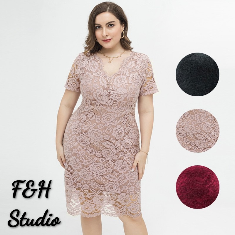 F&H 1828-3 สี L-4XL สาวอวบ Chic Plus Size V คอลูกไม้ชุด