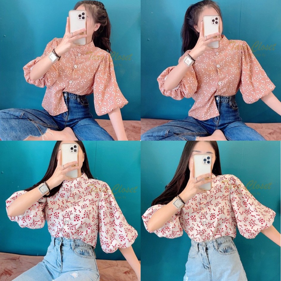 TUM006 TARA Shirt เสื้อกระดุมหน้า คอจีนแขนบอลลูน เนื้อผ้าพิมพ์ลายดอกไม้ เนื้อดีมาก งานดี ทรงน่ารัก