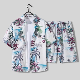 ชุดเสื้อแขนสั้น และกางเกงฮาวาย ทรงหลวม พิมพ์ลายดอกไม้ เหมาะกับเดินชายหาด สไตล์ฮาวาย สําหรับผู้ชาย