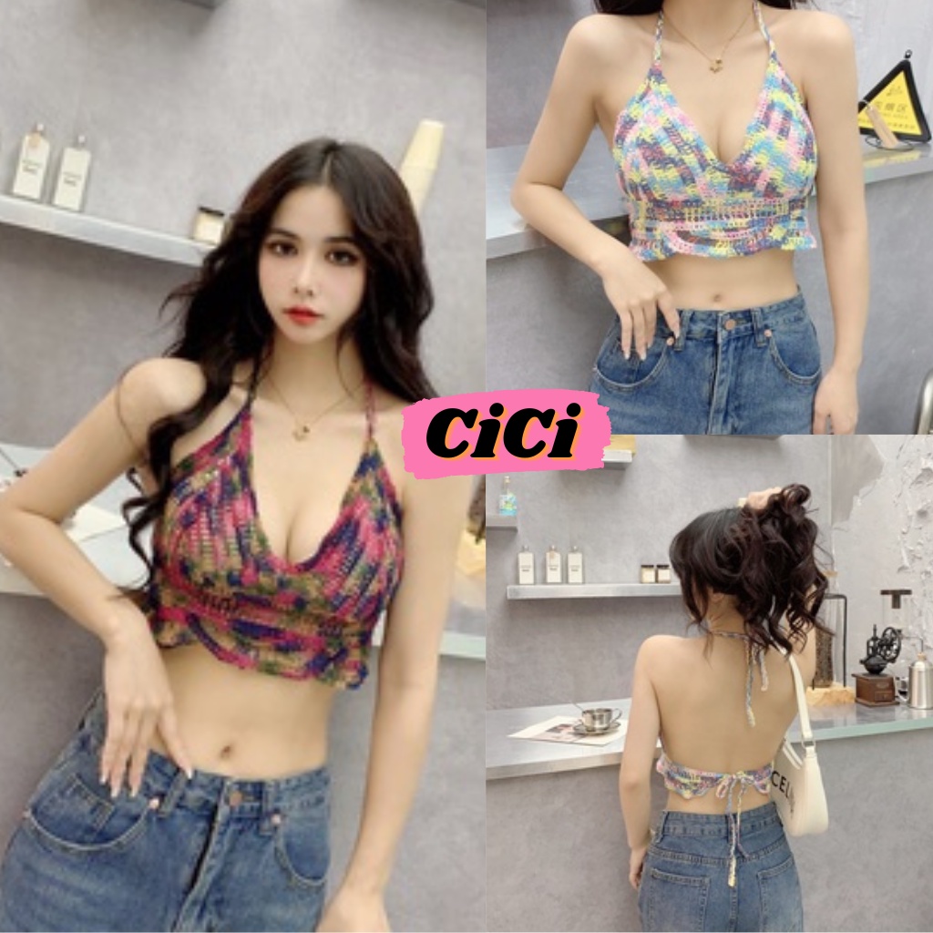 ส่งทันที Cici(NO. Q39)บราครอปถักโครเชต์ดีเทลสายผูก ทอสลับสีสไตล์แซ่บๆ