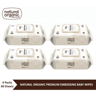 Natural Organic, Premium Embossing Baby Wipes (Cap, 4*80 Sheet) ทิชชูเปียกออแกนิค เนเชอรัลออแกนิค รุ่นพรีเมียมแผ่นนูน