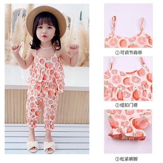 GS07/🧸พร้อมส่ง🧸ชุดเด็กผู้หญิง เซท2ชิ้นเสื้อสายเดี่ยวพร้อมกางเกง มะเขือเทศ