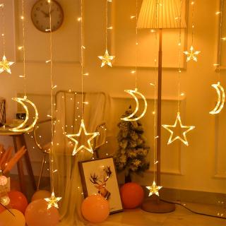 Remote Control 8 Modes 3.5m LED Moon Star Curtain Lamp String/Christmas Wedding New Year Holiday Party Outdoor Decor/Battery /USB Warm White Colorful Garlands Fairy String Lights