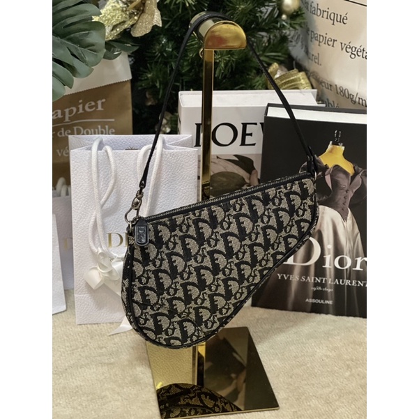 Authentic  CH RIS TIAN DI OR Trotter Saddle Hand Bag  Canvas Leather Black Blue Silver 🖤💙 “ Rare ite