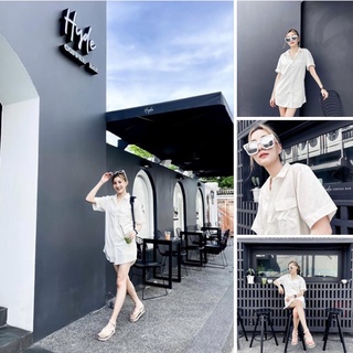 เดรสเชิ้ตแขนสั้น สีครีมเบสิค