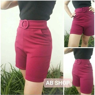 กางเกงขาสั้น เอวสูง แต่งเข็มขัดกลม เอว 26-34 นิ้ว (Freesize) ผ้าวูลเวฟ-#-1