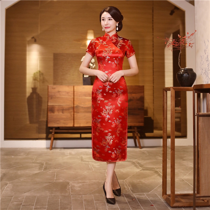 changpao-3 ชุดกี่เพ้าหญิง แขนสั้น ผ่าข้าง ลายดอก เข้ารูป สไตล์จีน - รูปที่ 2