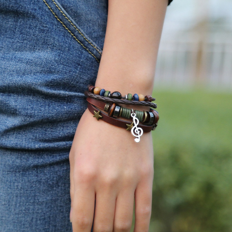 สายรัดข้อมือ Bolo สไตล์เรโทรโบฮีเมียน พร้อมเชือกหนังสีน้ำตาลและดีไซน์หลายเลเยอร์
