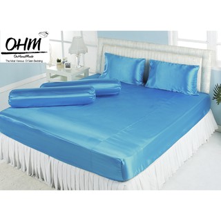 OHM ผ้าปูที่นอน ผ้าเครปซาติน 220 เส้น ขนาด 5 ฟุต 3 ชิ้น (สีฟ้า)