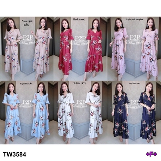 👗Pfashion [ส่งไว!!🚛] P3584 แม็กซี่เดรสยาว แขนระบาย ลายดอกlong sleeve maxi dress floral print