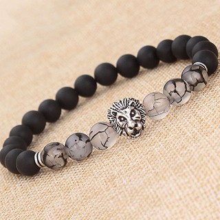 แฟชั่นผู้ชายสีดำ Lava Stone Silver Lion Beaded Cuff Charm สร้อยข้อมือกำไลข้อมือ