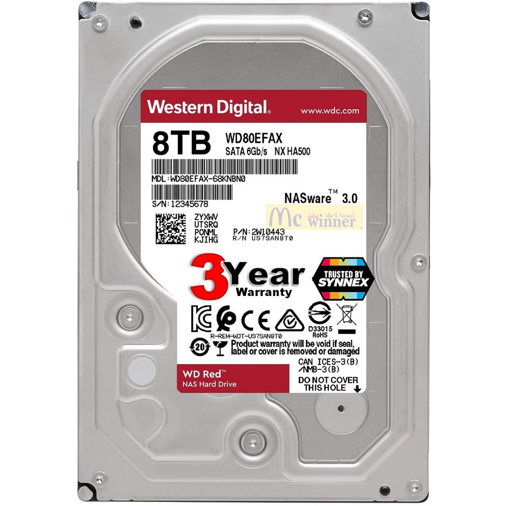 8TB HDD (ฮาร์ดดิสก์แนส) WD RED (WD80EFAX) NAS SATA3(6Gb/s), 256MB, 5400RPM - รับประกัน 3 ปี Synnex