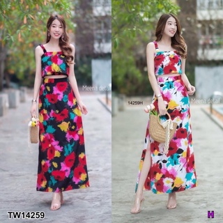 MM14259 Set เสื้อสายเดี่ยว+กระโปรงผ่าข้าง ลายมัดย้อม Set, one-shoulder top + side slit skirt, tie-dye pattern