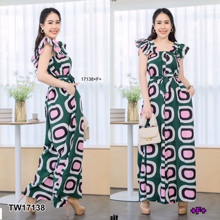 TW17138 Jumpsuit จั้มสูทแขนกุด ไหล่ระบาย ขายาว ทรงขากว้าง ผ้า 100D พิมลายกราฟฟิก เอวผูกโบว์