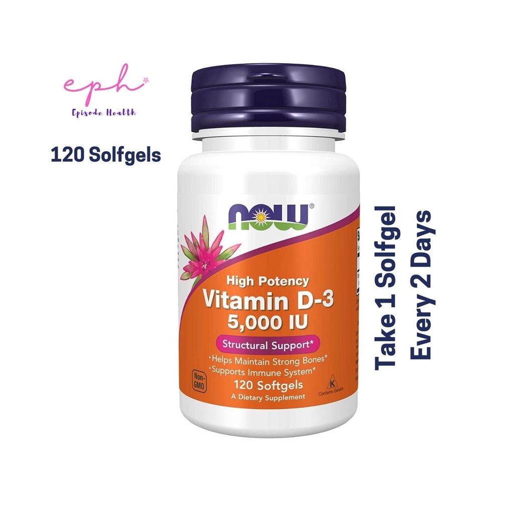 Now Foods Vitamin D-3 High Potency 5,000 IU 120 Softgels วิตามินดี 3 (120 เม็ด)